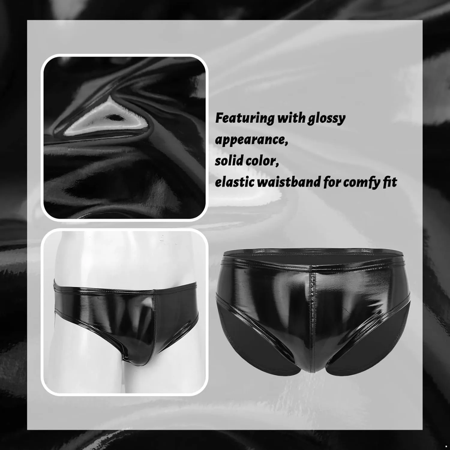 Men's Faux Leather Underwear Brief Bikinis Metallic Bulge Pouch Boxer Shorts Underpants
