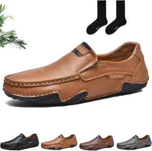 Men's Handmade Outdoor Comfort Loafers, Leather Flat Slip On Wide Toe Walking Shoes, Casual Business Work Shoes Driving Moccasins for Men