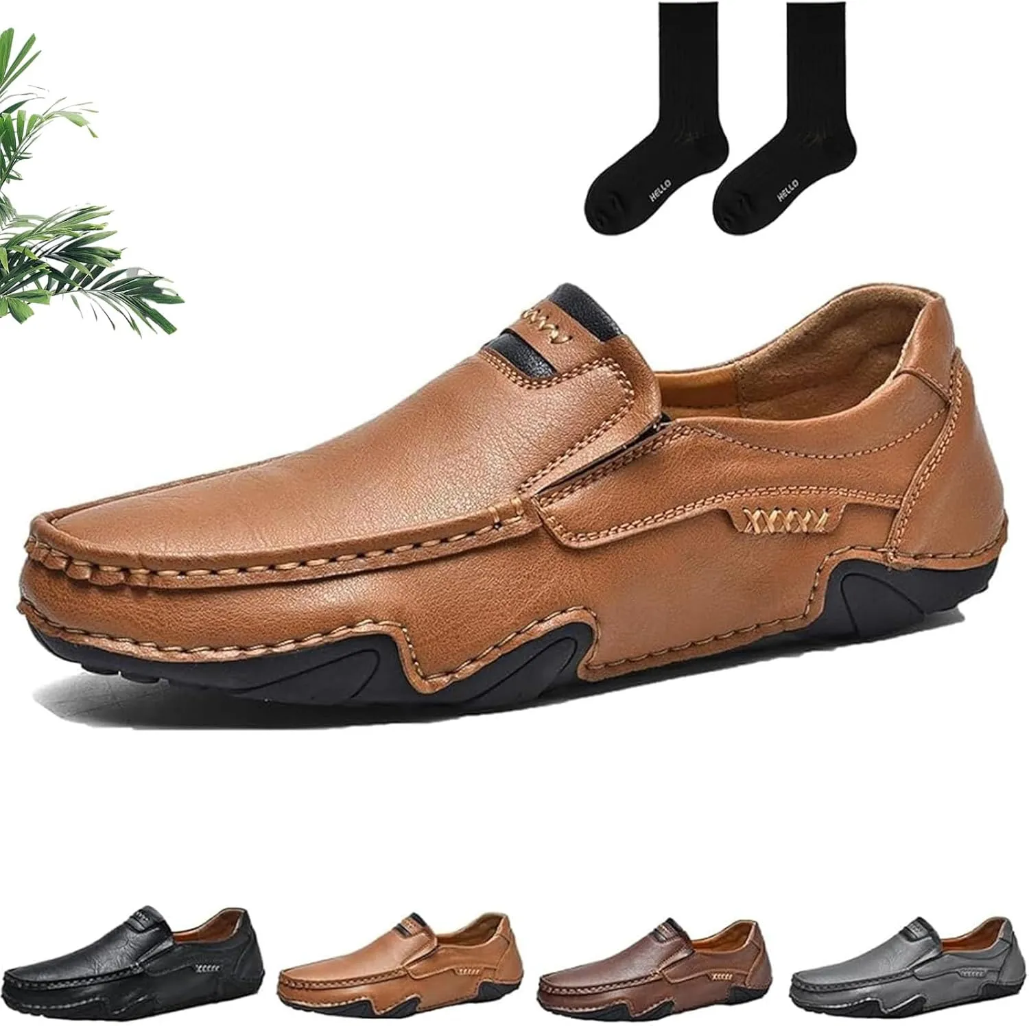 Men's Handmade Outdoor Comfort Loafers, Leather Flat Slip On Wide Toe Walking Shoes, Casual Business Work Shoes Driving Moccasins for Men