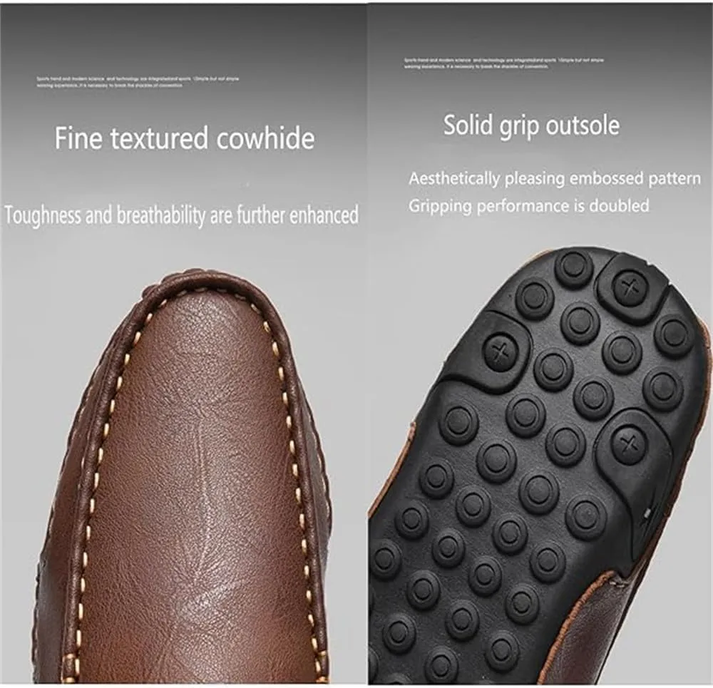 Men's Handmade Outdoor Comfort Loafers, Leather Flat Slip On Wide Toe Walking Shoes, Casual Business Work Shoes Driving Moccasins for Men