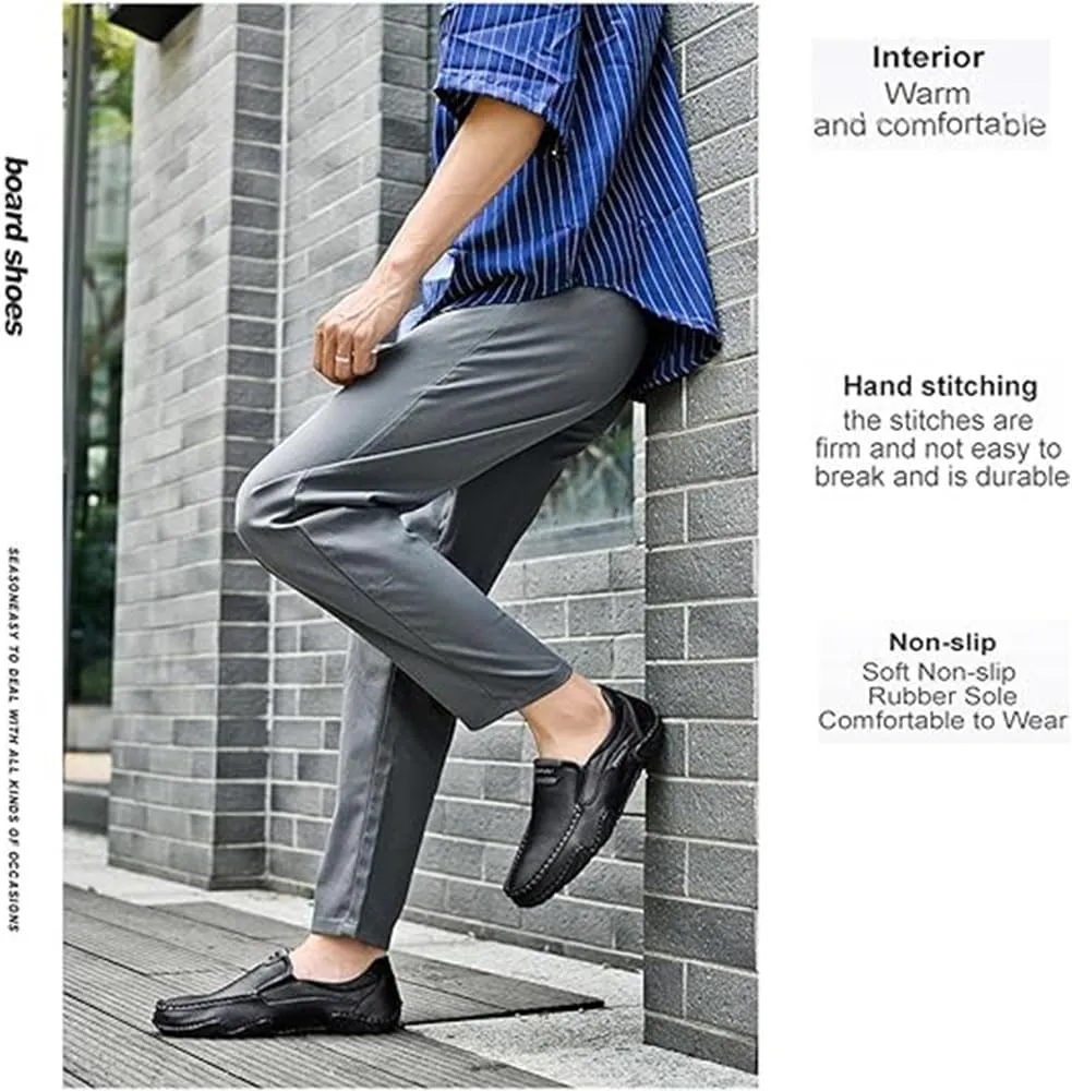 Men's Handmade Outdoor Comfort Loafers, Leather Flat Slip On Wide Toe Walking Shoes, Casual Business Work Shoes Driving Moccasins for Men