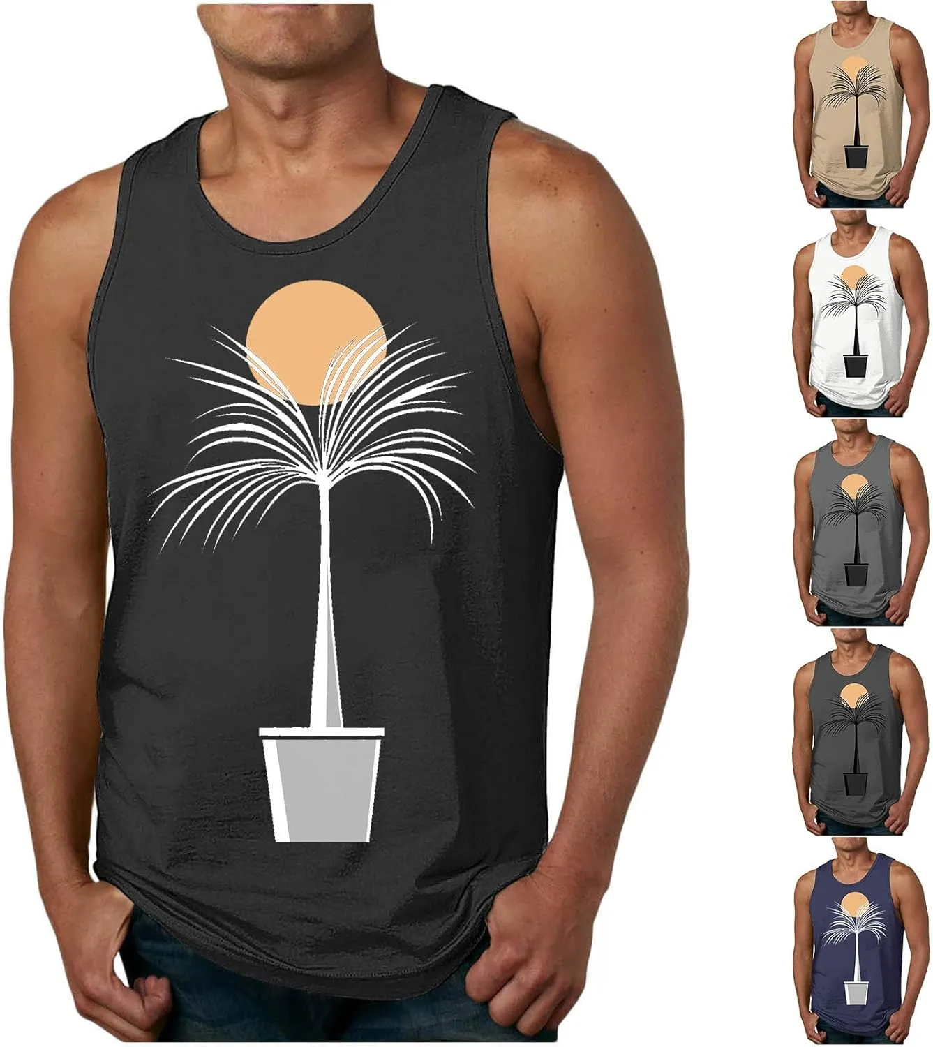 Men's Hawaiian Beach Tank Top Tropical Palm Tree Print Sleeveless Summer Muscle Gym Shirts Graphic Vacation Workout Tees