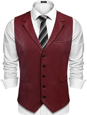 Mens Leather Vest Casual Single Breasted Western Suit Vest Jacket Lightweight V-Neck Wedding Party Dress Waistcoat