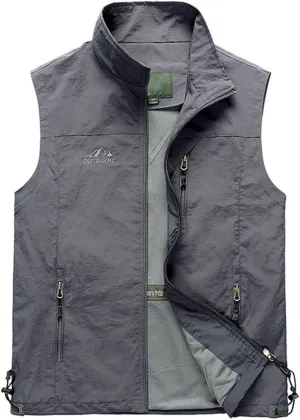 Men's Lightweight Softshell Vest Outdoor Work Fishing Photo Travel Utility Vest Stand Collar Zip Up Windproof Jacket