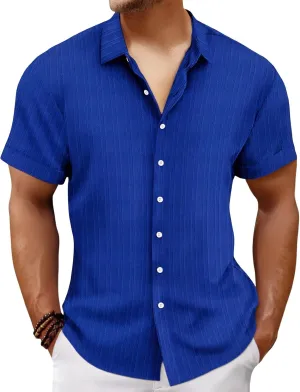 Mens Linen Button-Down Shirts Casual Loose Striped Jacquard Long Sleeve Beach Shirt