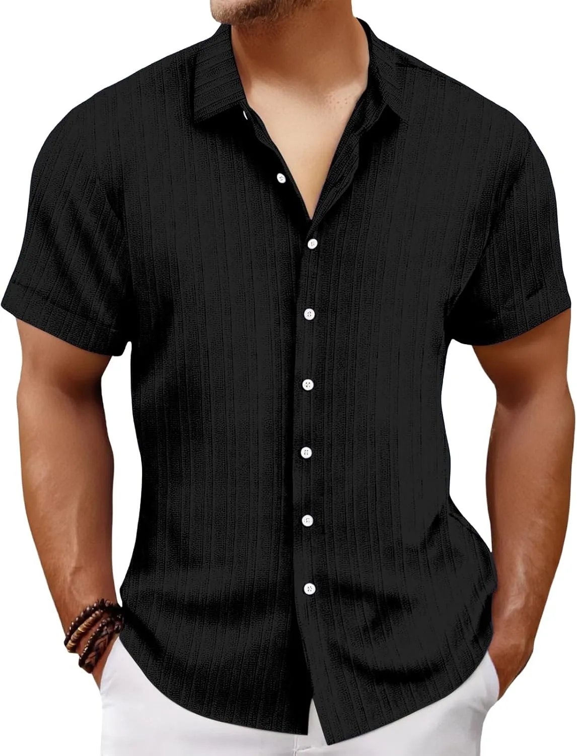 Mens Linen Button-Down Shirts Casual Loose Striped Jacquard Long Sleeve Beach Shirt