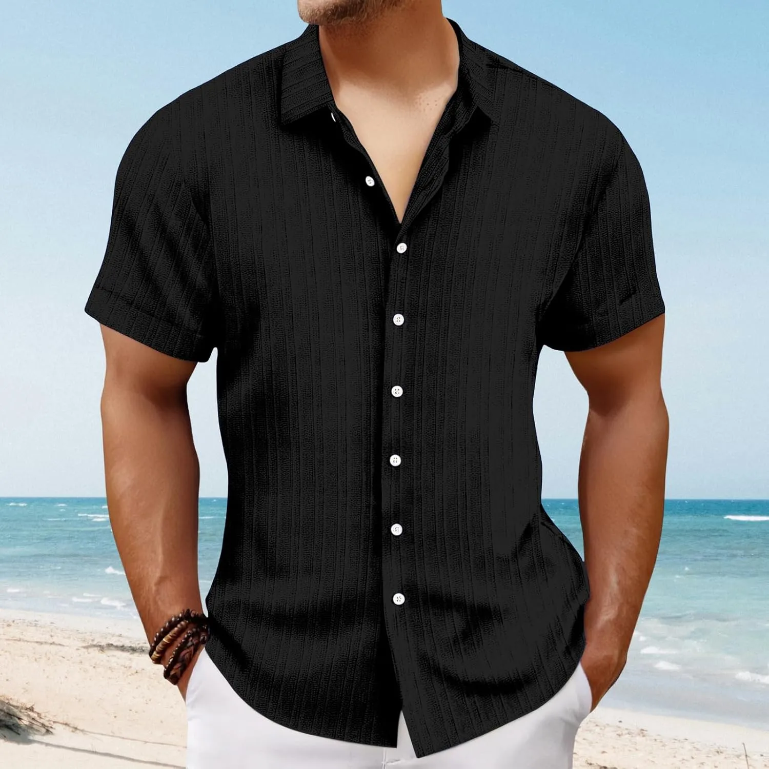 Mens Linen Button-Down Shirts Casual Loose Striped Jacquard Long Sleeve Beach Shirt