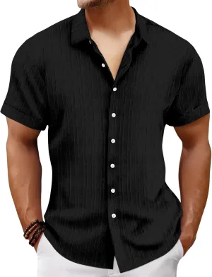 Mens Linen Button-Down Shirts Casual Loose Striped Jacquard Long Sleeve Beach Shirt