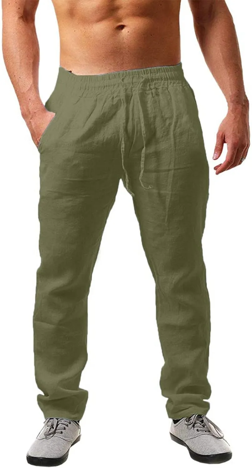 Men's Linen Harem Pants Lightweight Baggy Casual Pants Drawstring Elastic Waist Beach Yoga Pants with Pockets Jogger Pants