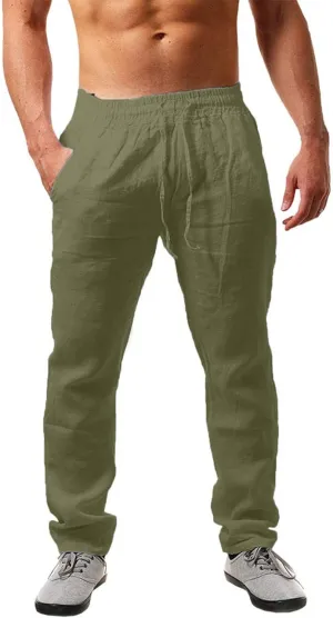 Men's Linen Harem Pants Lightweight Baggy Casual Pants Drawstring Elastic Waist Beach Yoga Pants with Pockets Jogger Pants