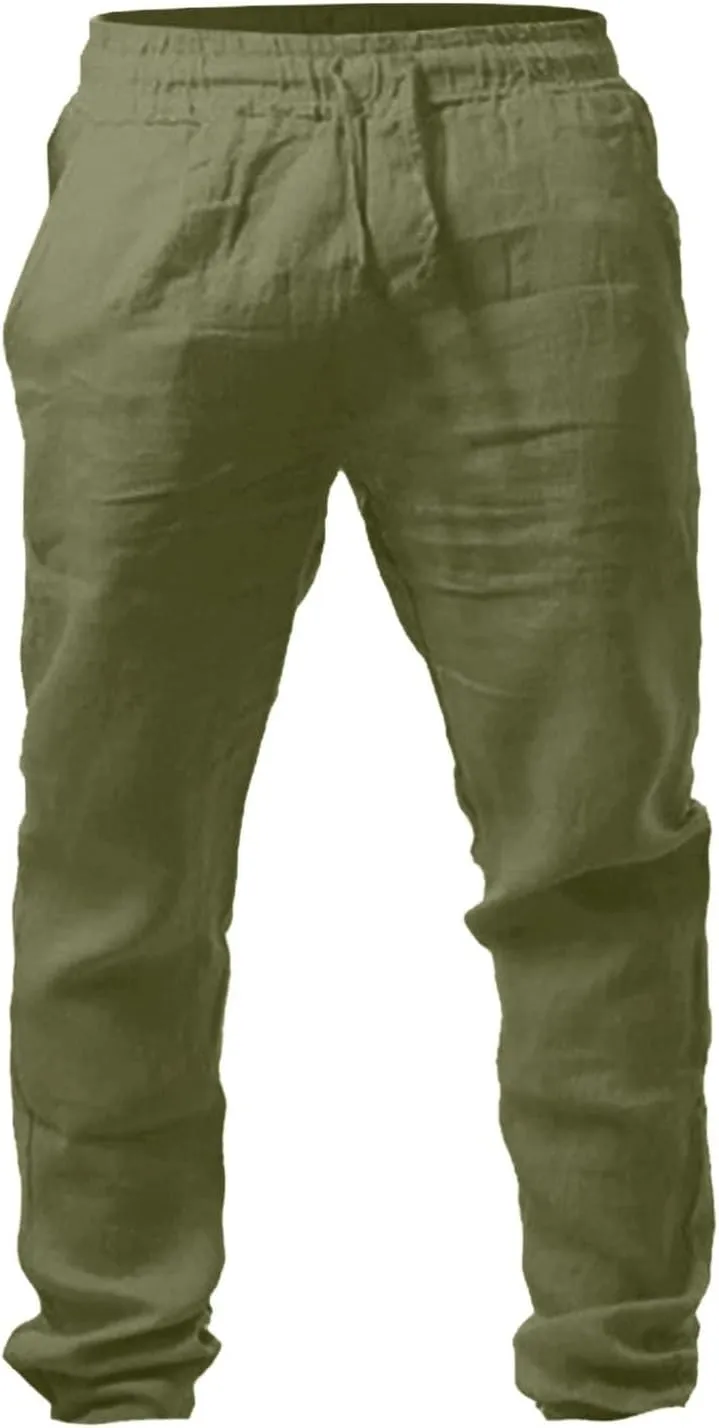 Men's Linen Harem Pants Lightweight Baggy Casual Pants Drawstring Elastic Waist Beach Yoga Pants with Pockets Jogger Pants