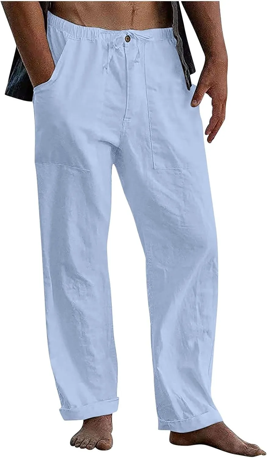 Mens Linen Pants Straight-Legs Stretchy Waist Beach Pants Loose Fit Casual Summer Yoga Pants Drawstring Baggy Trousers