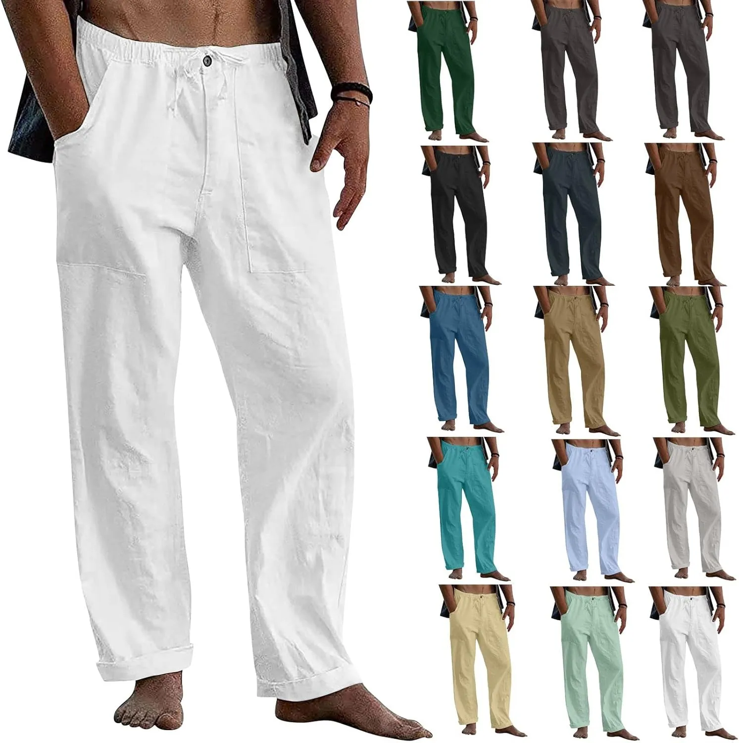 Mens Linen Pants Straight-Legs Stretchy Waist Beach Pants Loose Fit Casual Summer Yoga Pants Drawstring Baggy Trousers