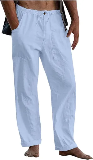 Mens Linen Pants Straight-Legs Stretchy Waist Beach Pants Loose Fit Casual Summer Yoga Pants Drawstring Baggy Trousers