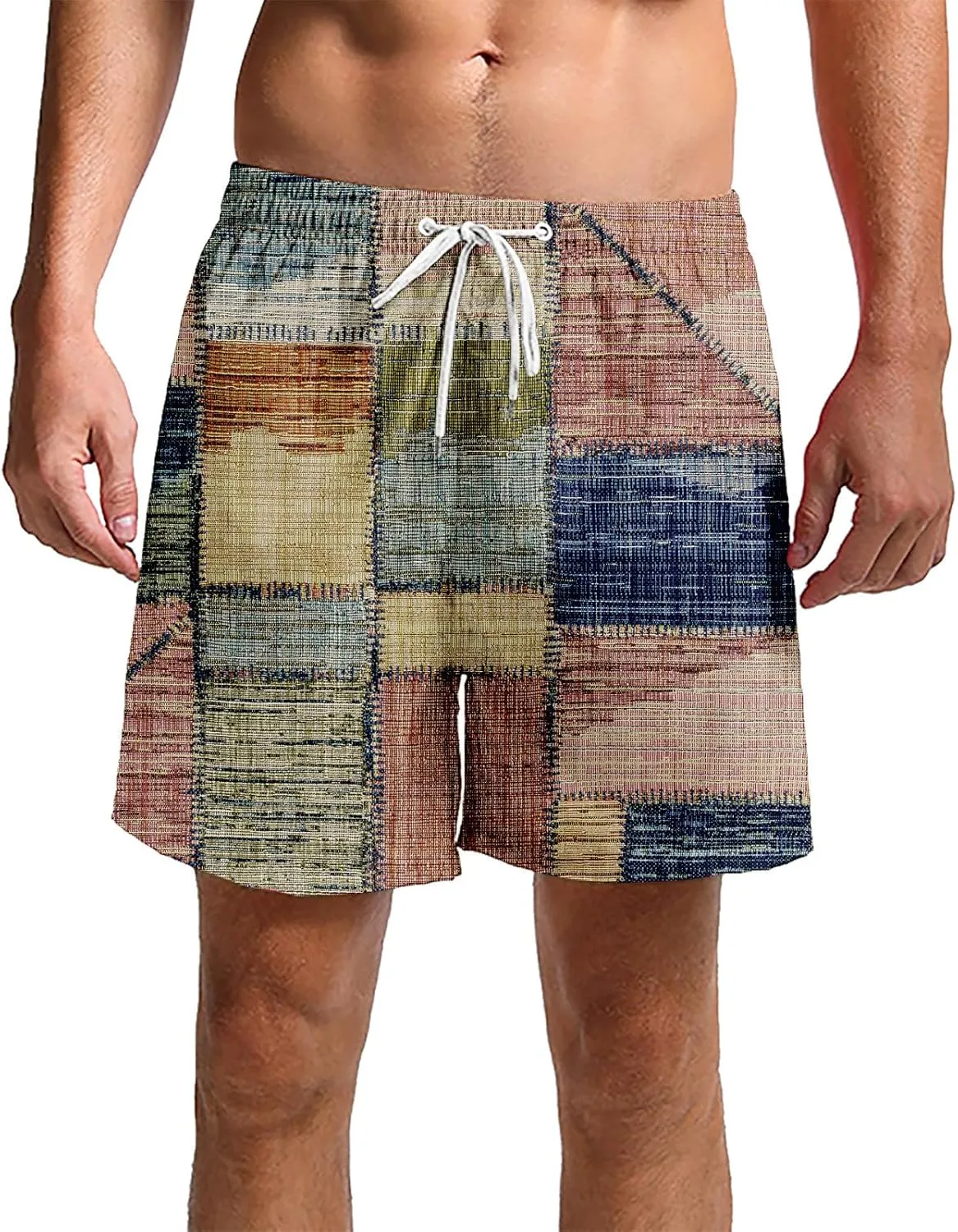 Mens Linen Plaid Bermuda Shorts Ethnic Pattern Jogger Shorts Summer Straight Drawstring Beach Short with Pockets