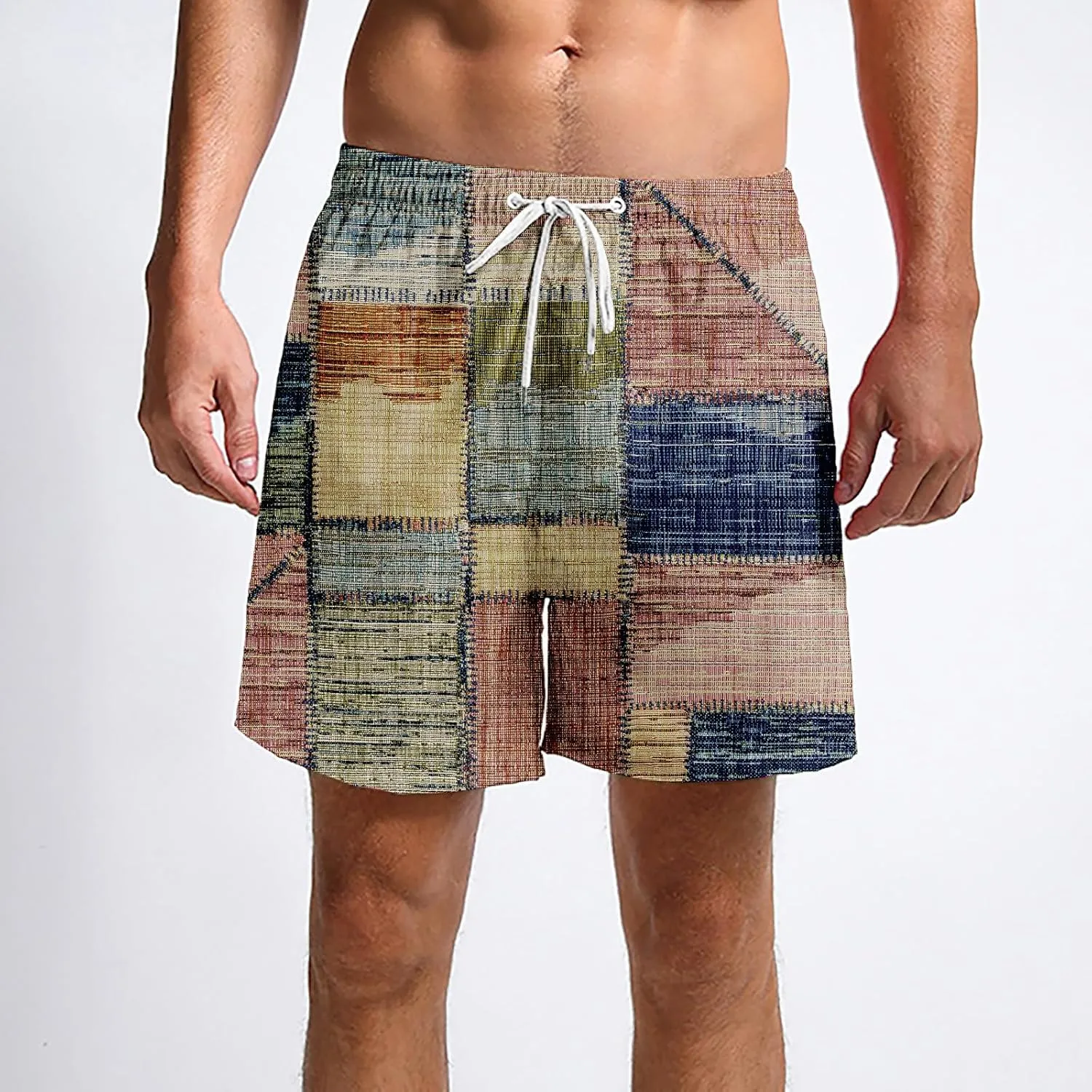 Mens Linen Plaid Bermuda Shorts Ethnic Pattern Jogger Shorts Summer Straight Drawstring Beach Short with Pockets