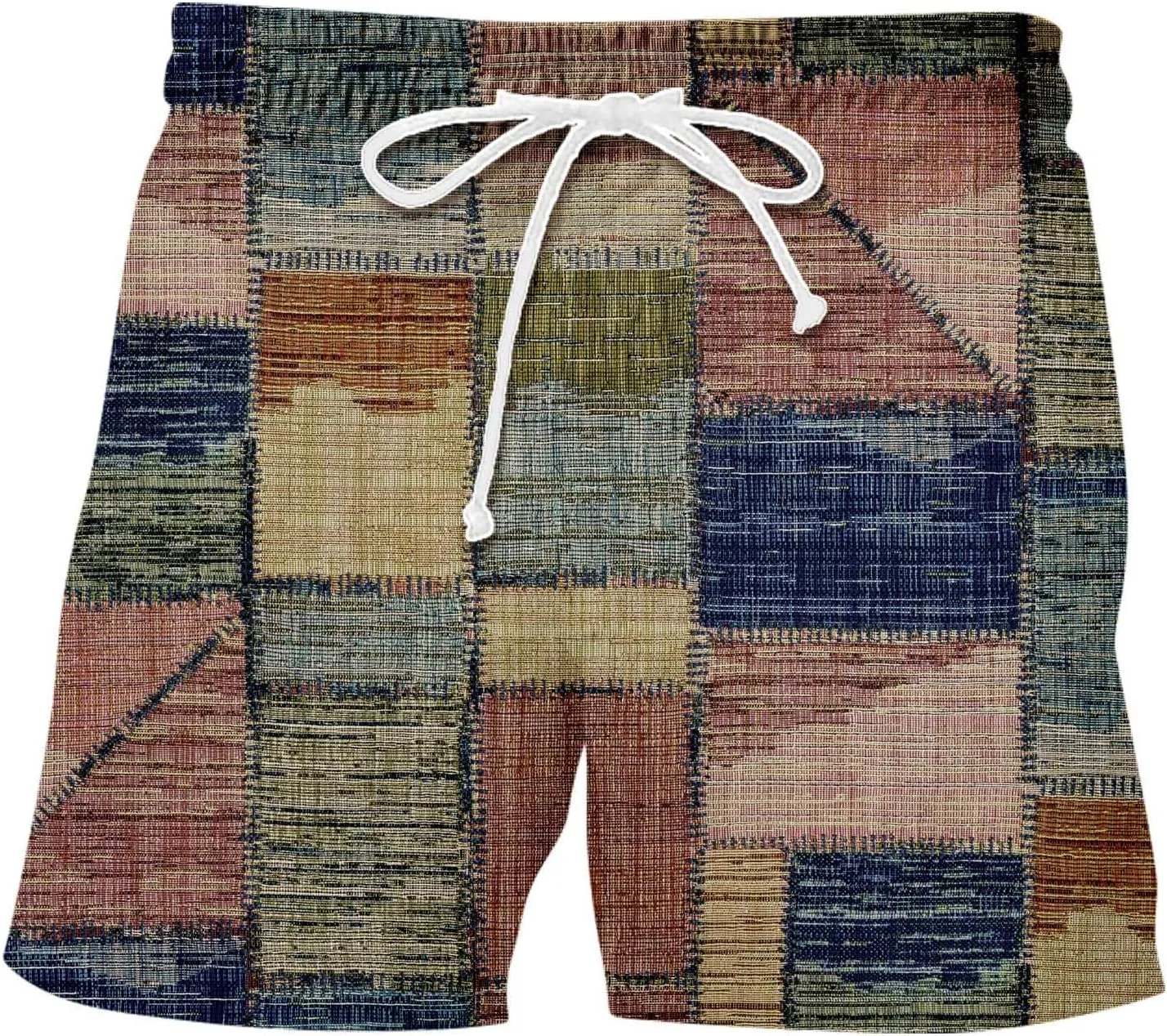 Mens Linen Plaid Bermuda Shorts Ethnic Pattern Jogger Shorts Summer Straight Drawstring Beach Short with Pockets