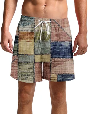 Mens Linen Plaid Bermuda Shorts Ethnic Pattern Jogger Shorts Summer Straight Drawstring Beach Short with Pockets