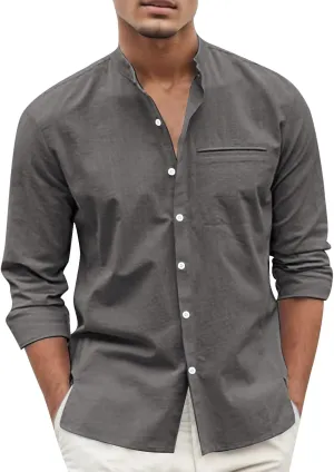 Mens Long Sleeve Cotton and Linen Shirt Combat Tactical Solid Linen Tops Stand-Up Collar Button Down Regular Fit Casual Shirt