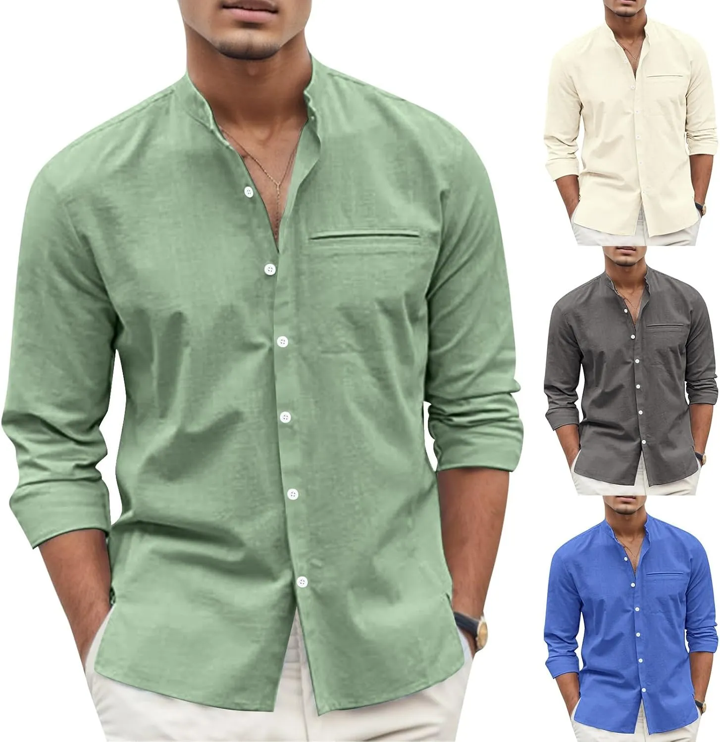 Mens Long Sleeve Cotton and Linen Shirt Combat Tactical Solid Linen Tops Stand-Up Collar Button Down Regular Fit Casual Shirt
