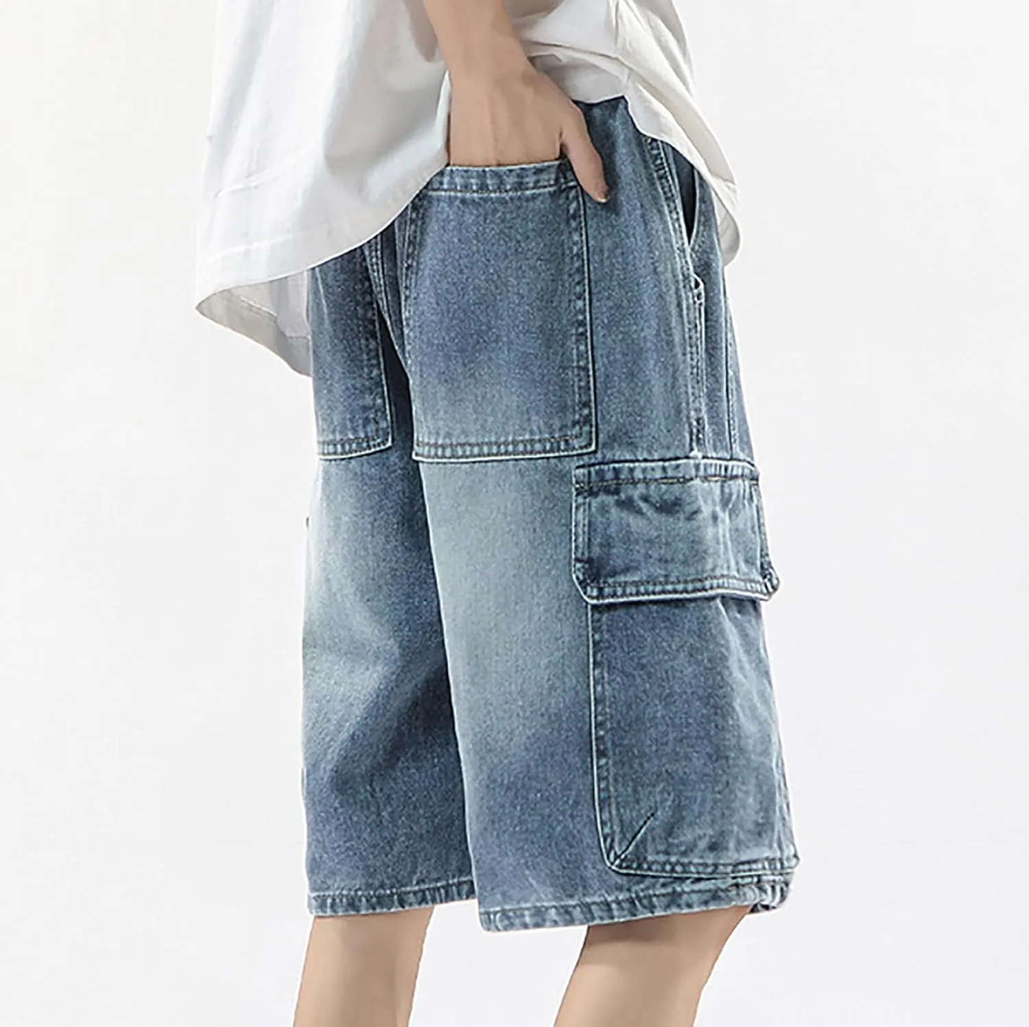 Men's Loose Y2K Hip Hop Mid Jean Shorts Baggy Denim Shorts with Pockets Skateboard Streetwear Clothes