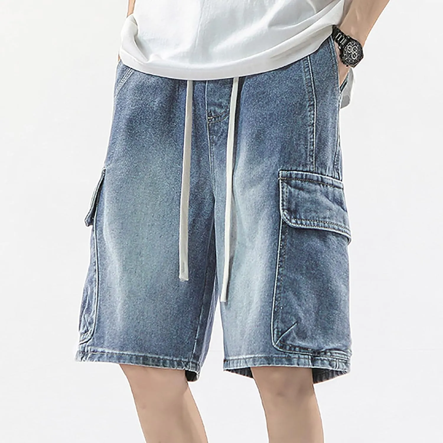 Men's Loose Y2K Hip Hop Mid Jean Shorts Baggy Denim Shorts with Pockets Skateboard Streetwear Clothes