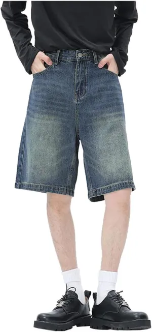 Men's Loose Y2K Hip Hop Mid Jean Shorts Baggy Denim Shorts with Pockets Skateboard Streetwear Clothes