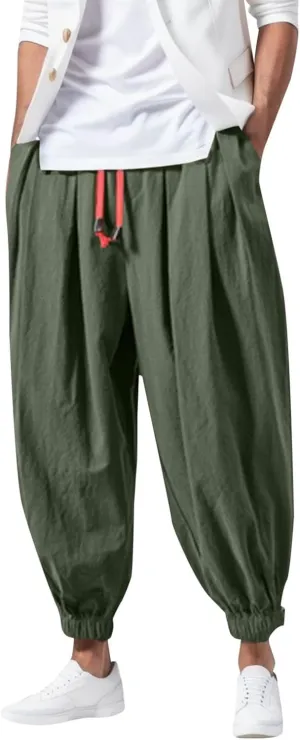 Mens Parachute Pants Baggy Linen Pants Drop Crotch Harem Pants Drawstring Joggers Trousers Hippie Pants Pirate Pants