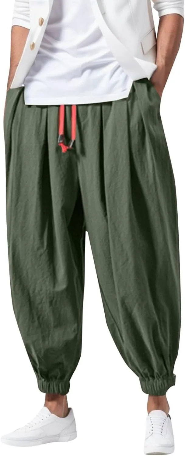 Mens Parachute Pants Baggy Linen Pants Drop Crotch Harem Pants Drawstring Joggers Trousers Hippie Pants Pirate Pants