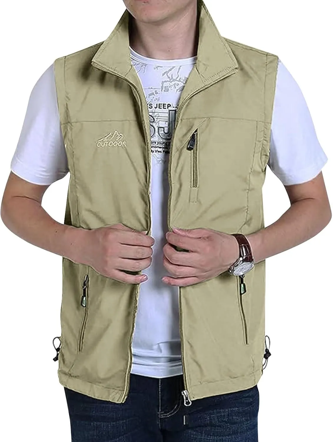 Mens Running Vest Lightweight Windproof Softshell Sleeveless Jacket Outdoor Hiking Fishing Vest with Zip Pockets