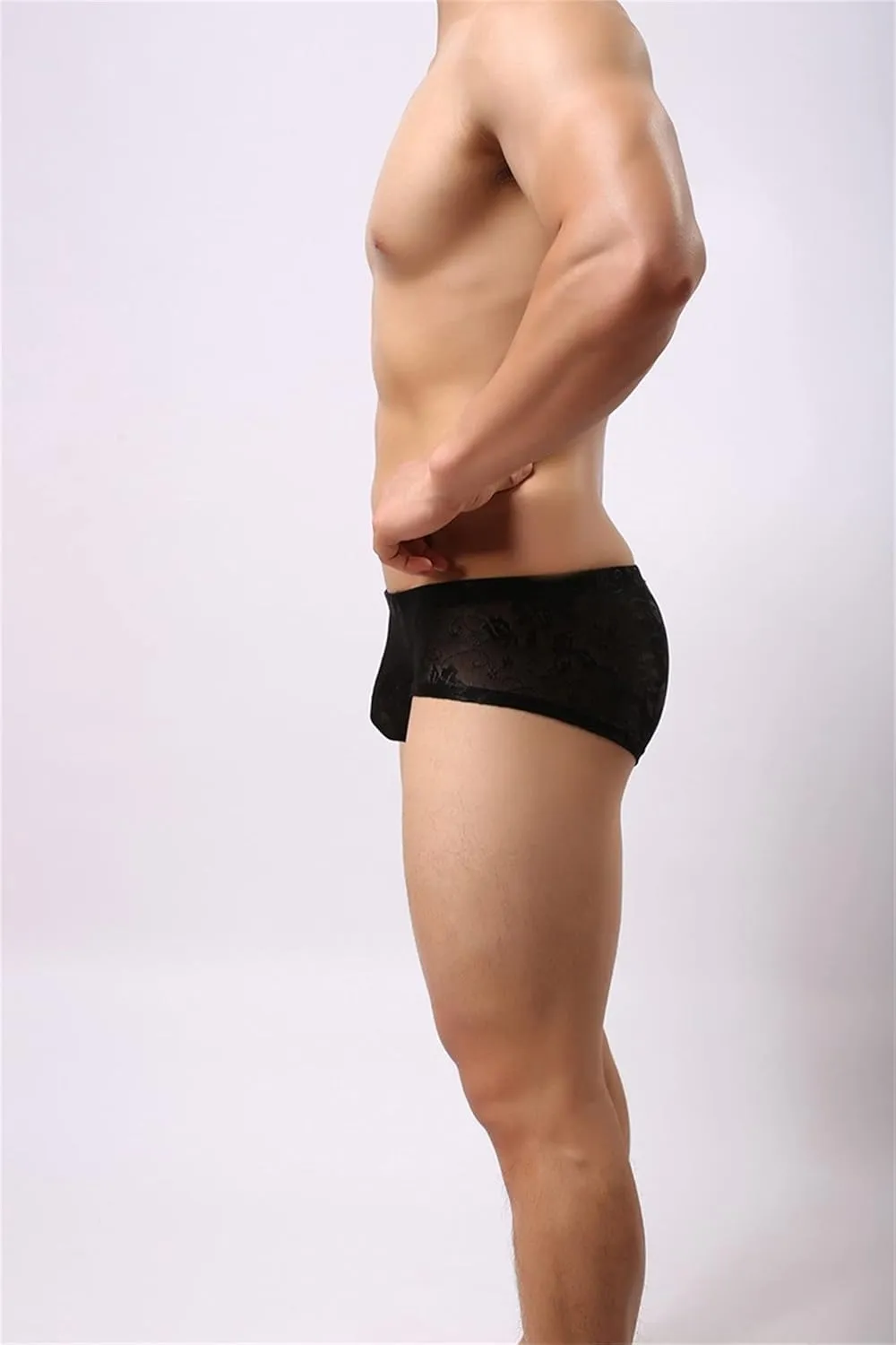Men's Sexy Lace Boxer Briefs Sissy See-Through Underwear Thongs Panties Low Rise Breathable Soft Bikinis Underpants