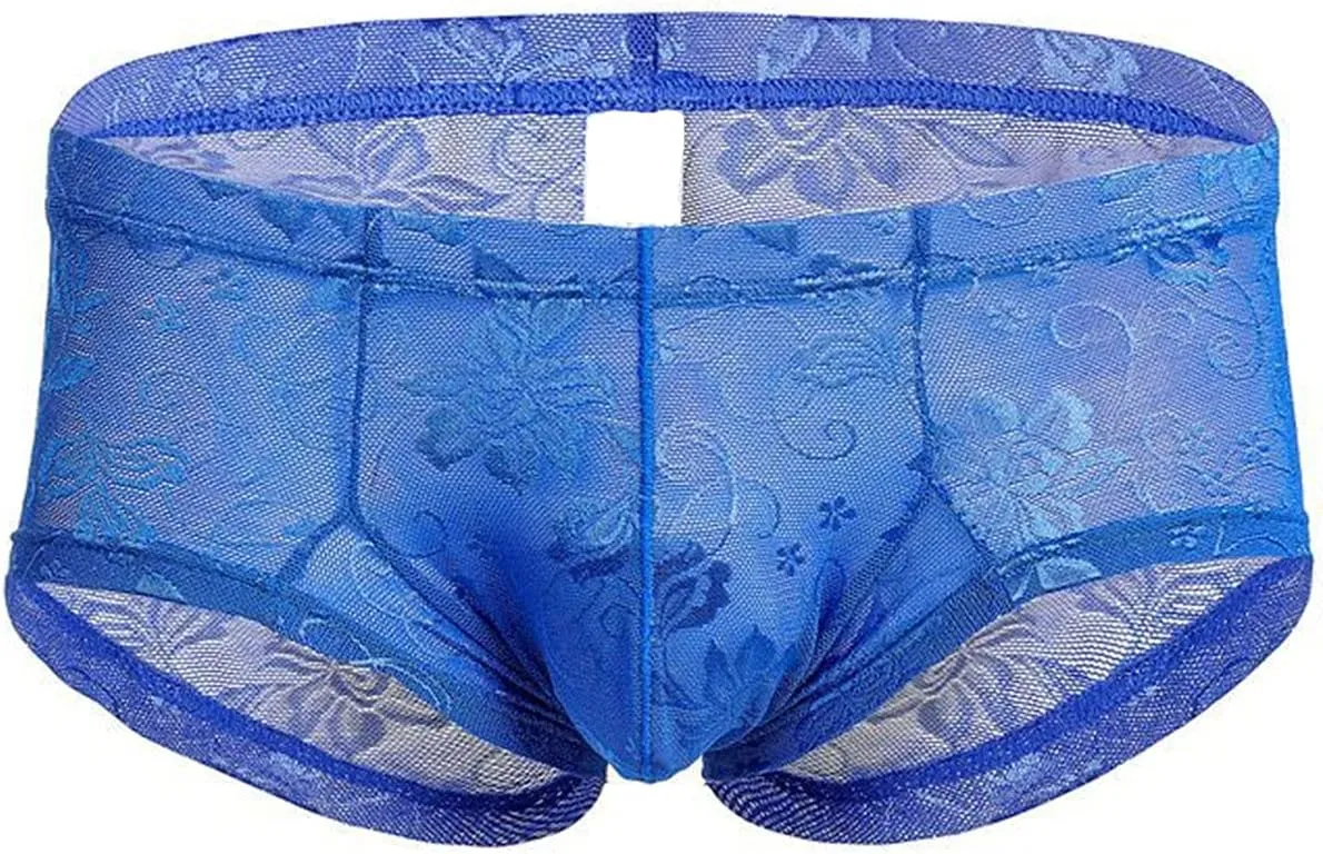 Men's Sexy Lace Boxer Briefs Sissy See-Through Underwear Thongs Panties Low Rise Breathable Soft Bikinis Underpants