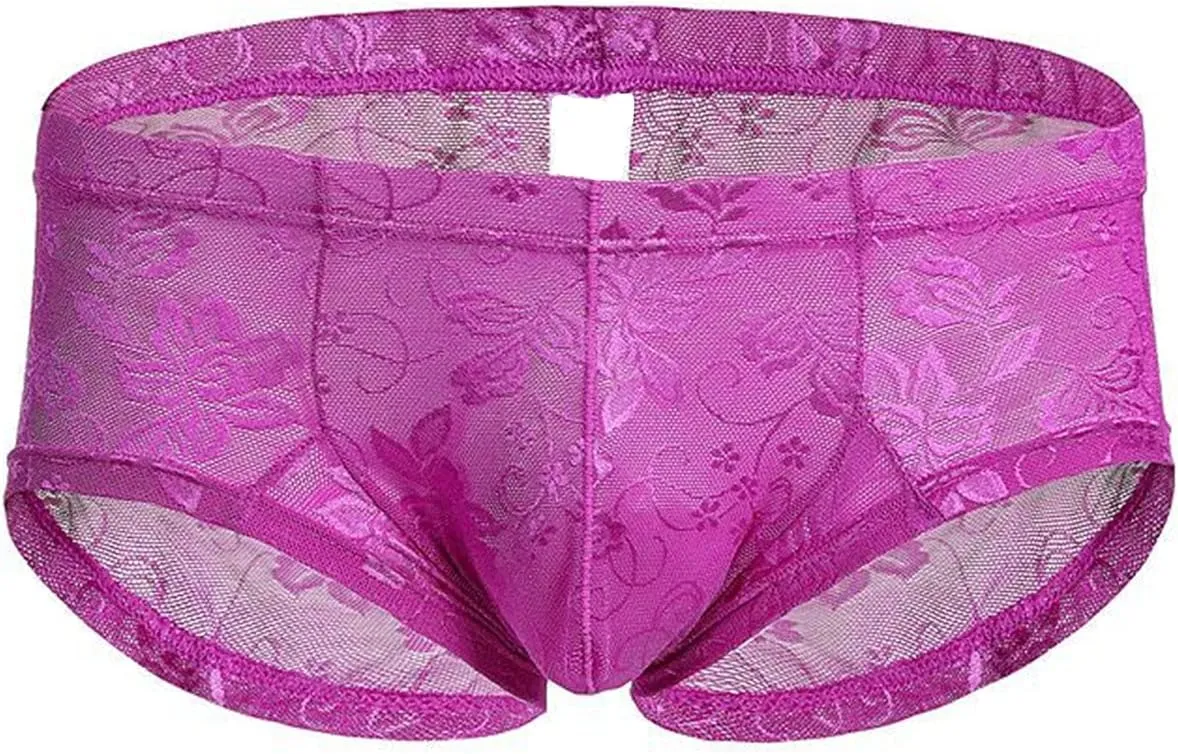 Men's Sexy Lace Boxer Briefs Sissy See-Through Underwear Thongs Panties Low Rise Breathable Soft Bikinis Underpants