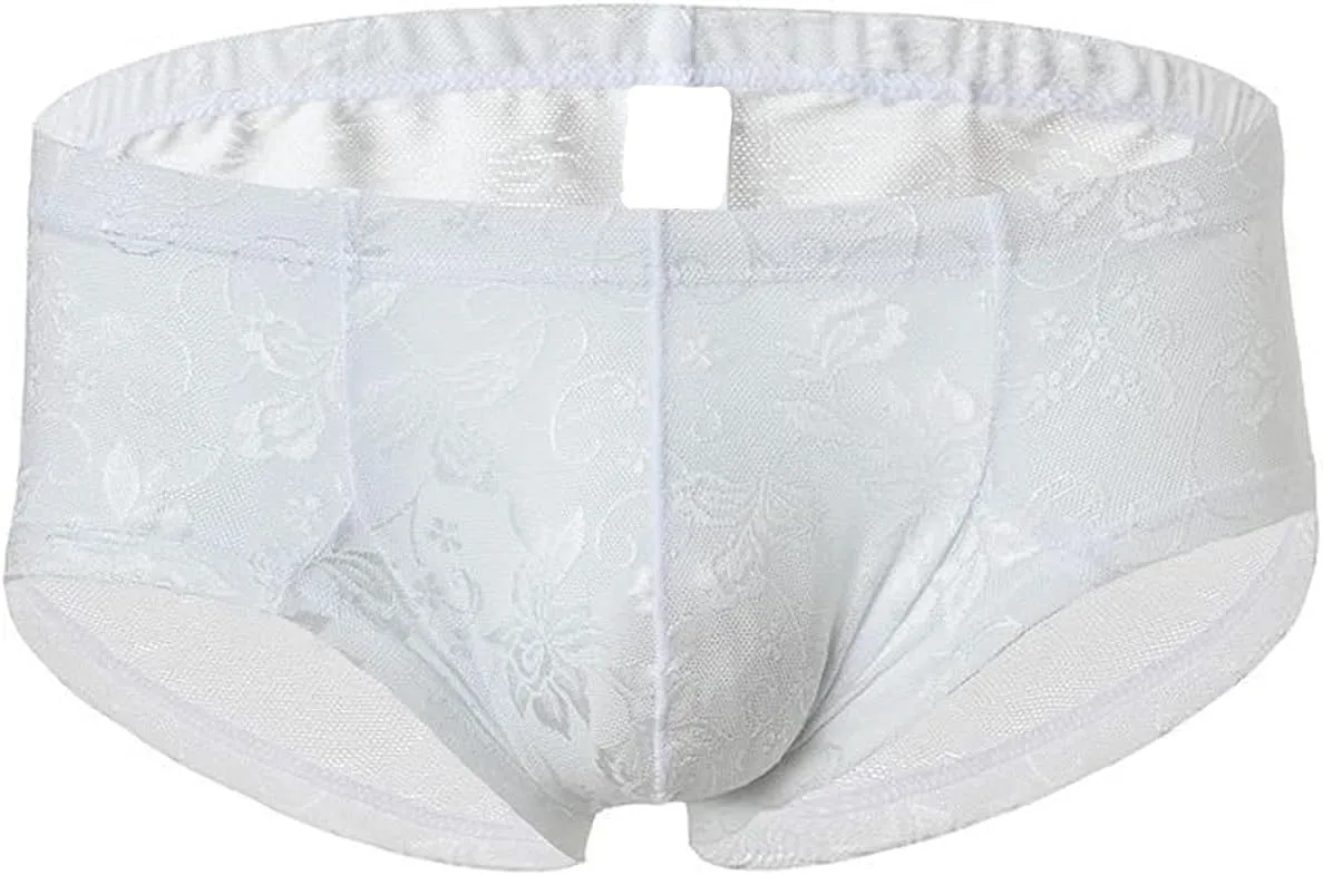 Men's Sexy Lace Boxer Briefs Sissy See-Through Underwear Thongs Panties Low Rise Breathable Soft Bikinis Underpants