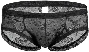 Men's Sexy Lace Boxer Briefs Sissy See-Through Underwear Thongs Panties Low Rise Breathable Soft Bikinis Underpants