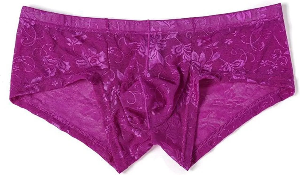 Men's Sexy Lace Boxer Briefs Sissy See-Through Underwear Thongs Panties Low Rise Breathable Soft Bikinis Underpants