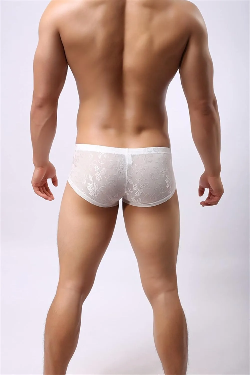 Men's Sexy Lace Boxer Briefs Sissy See-Through Underwear Thongs Panties Low Rise Breathable Soft Bikinis Underpants