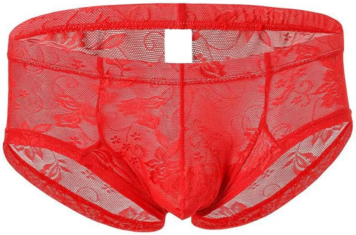 Men's Sexy Lace Boxer Briefs Sissy See-Through Underwear Thongs Panties Low Rise Breathable Soft Bikinis Underpants