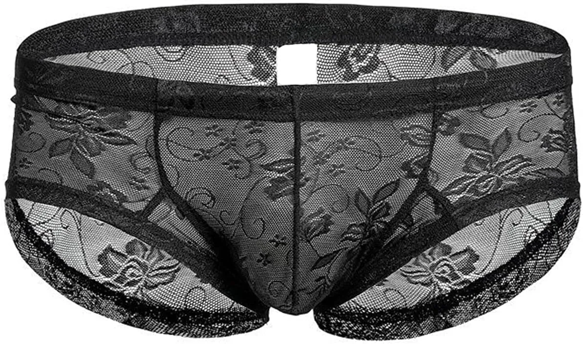 Men's Sexy Lace Boxer Briefs Sissy See-Through Underwear Thongs Panties Low Rise Breathable Soft Bikinis Underpants