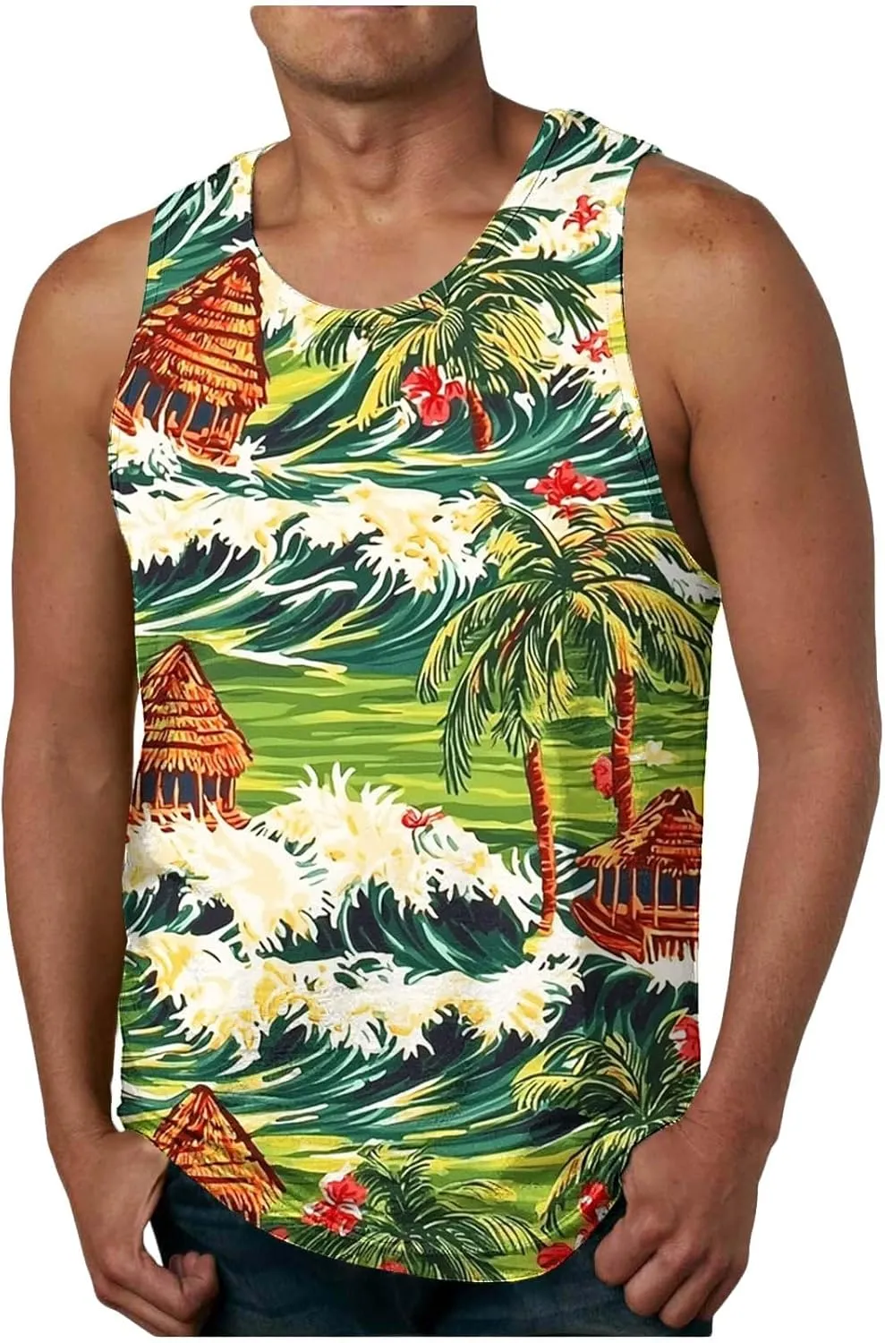 Men's Sleeveless Fashion Sports Tank Top Palm Tree Printed Beach Tops Casual Summer Pullover Loose Workout Tee Shirts