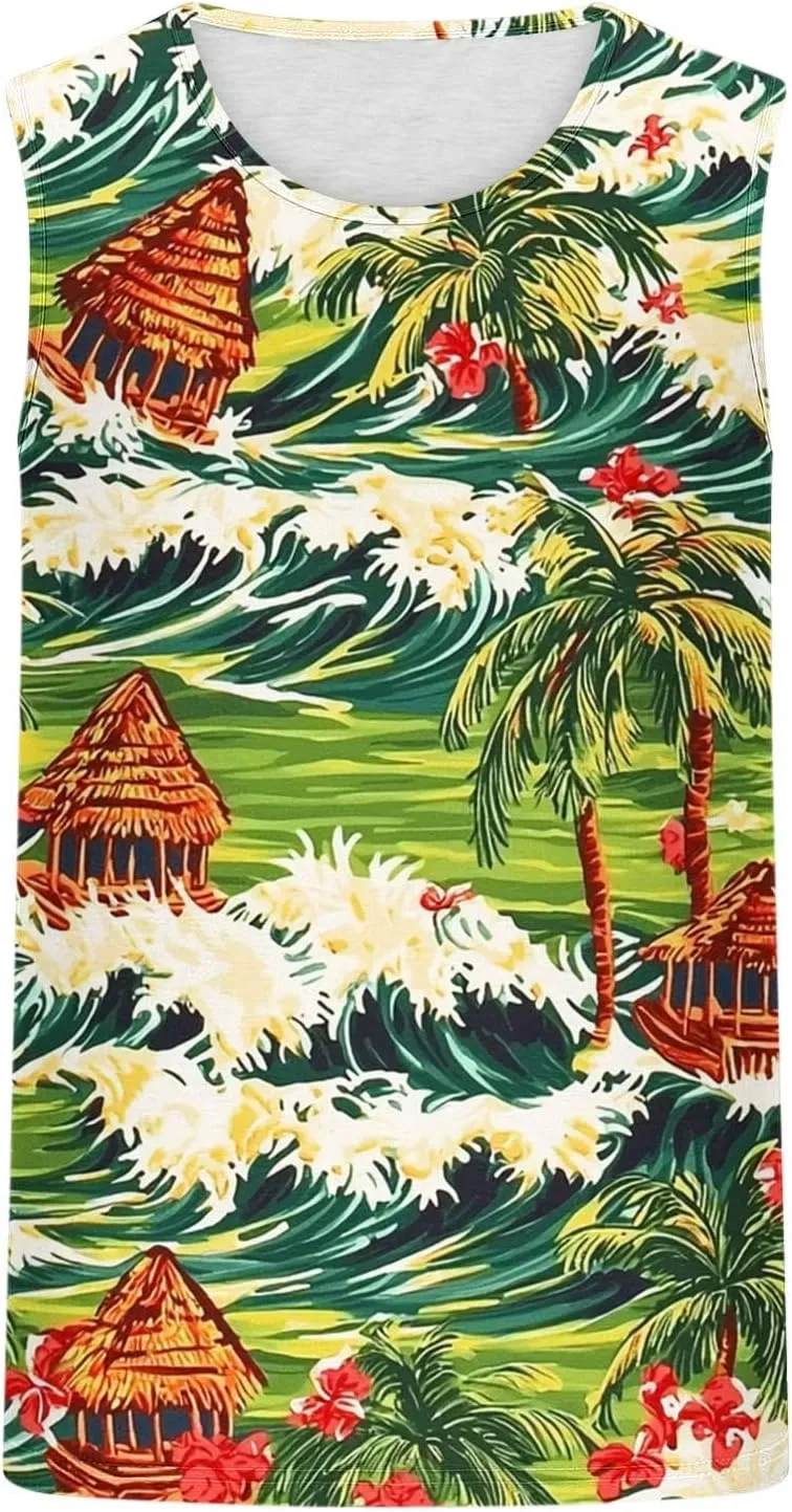 Men's Sleeveless Fashion Sports Tank Top Palm Tree Printed Beach Tops Casual Summer Pullover Loose Workout Tee Shirts