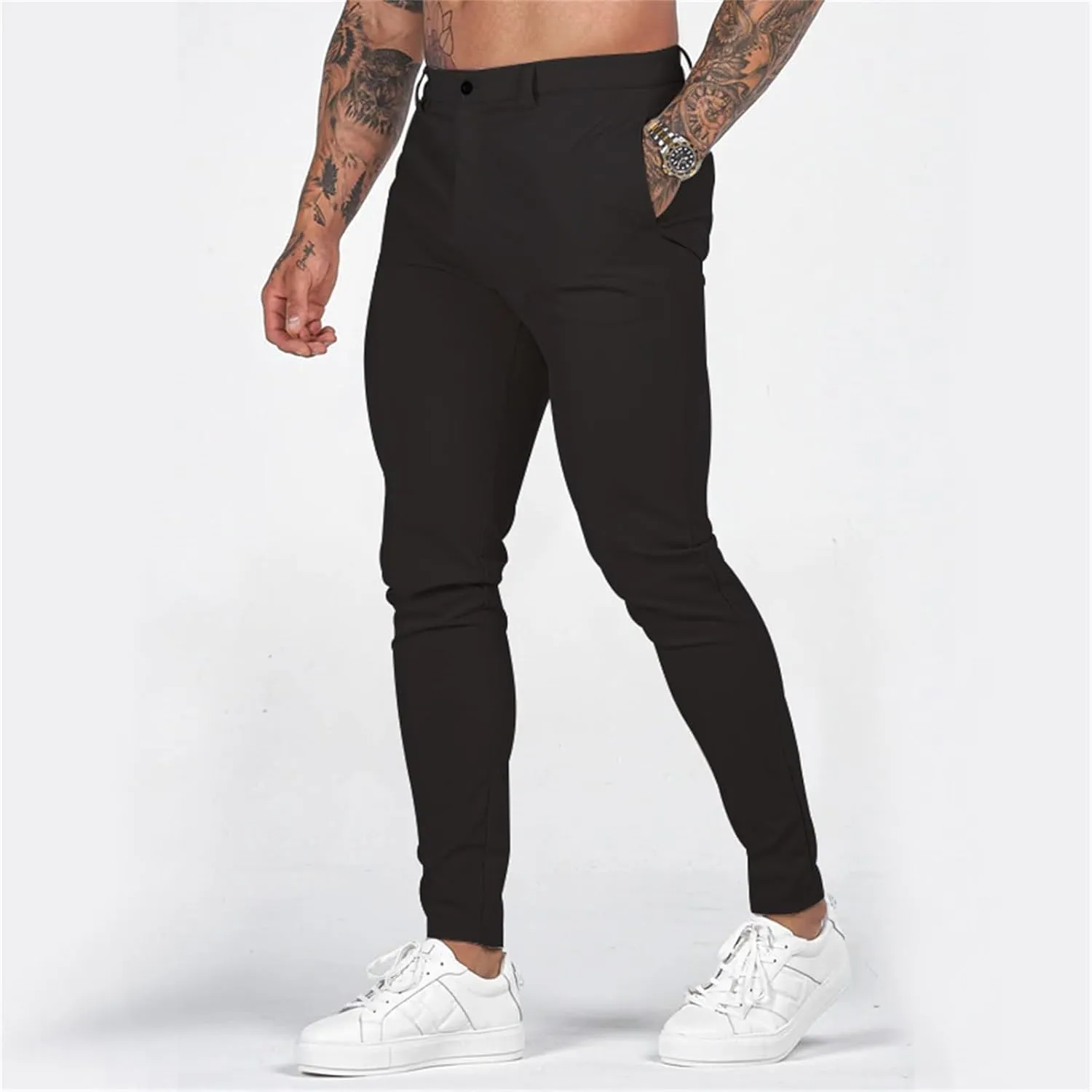 Mens Slim Fit Dress Pencil Pants Classic Flat Front Straight Leg Chinos Pants Business Suit Work Casual Golf Trousers