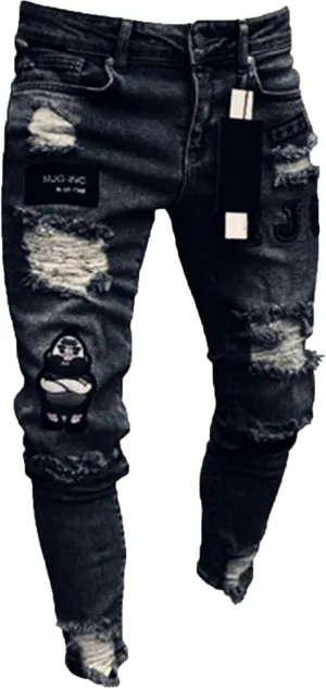 Men's Slim fit Skinny Jeans Ripped Tapered Biker Jeans Pants Distressed Destroyed Ripped Holes Denim Pants