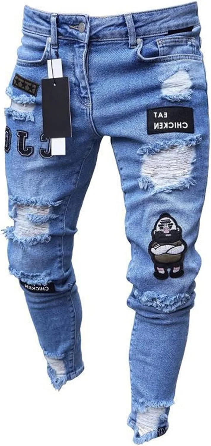 Men's Slim fit Skinny Jeans Ripped Tapered Biker Jeans Pants Distressed Destroyed Ripped Holes Denim Pants