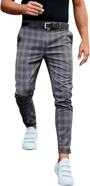 Men's Stretch Slim Fit Plaid Dress Pants Skinny Flat-Front Casual Work Business Checkered Tapered Chinos Pants