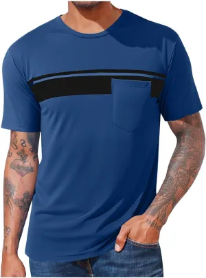 Mens Striped Color Block T-Shirt Short Sleeve Casual Crew Neck Summer Athletic Tee Shirts Pullover Top with Pocket