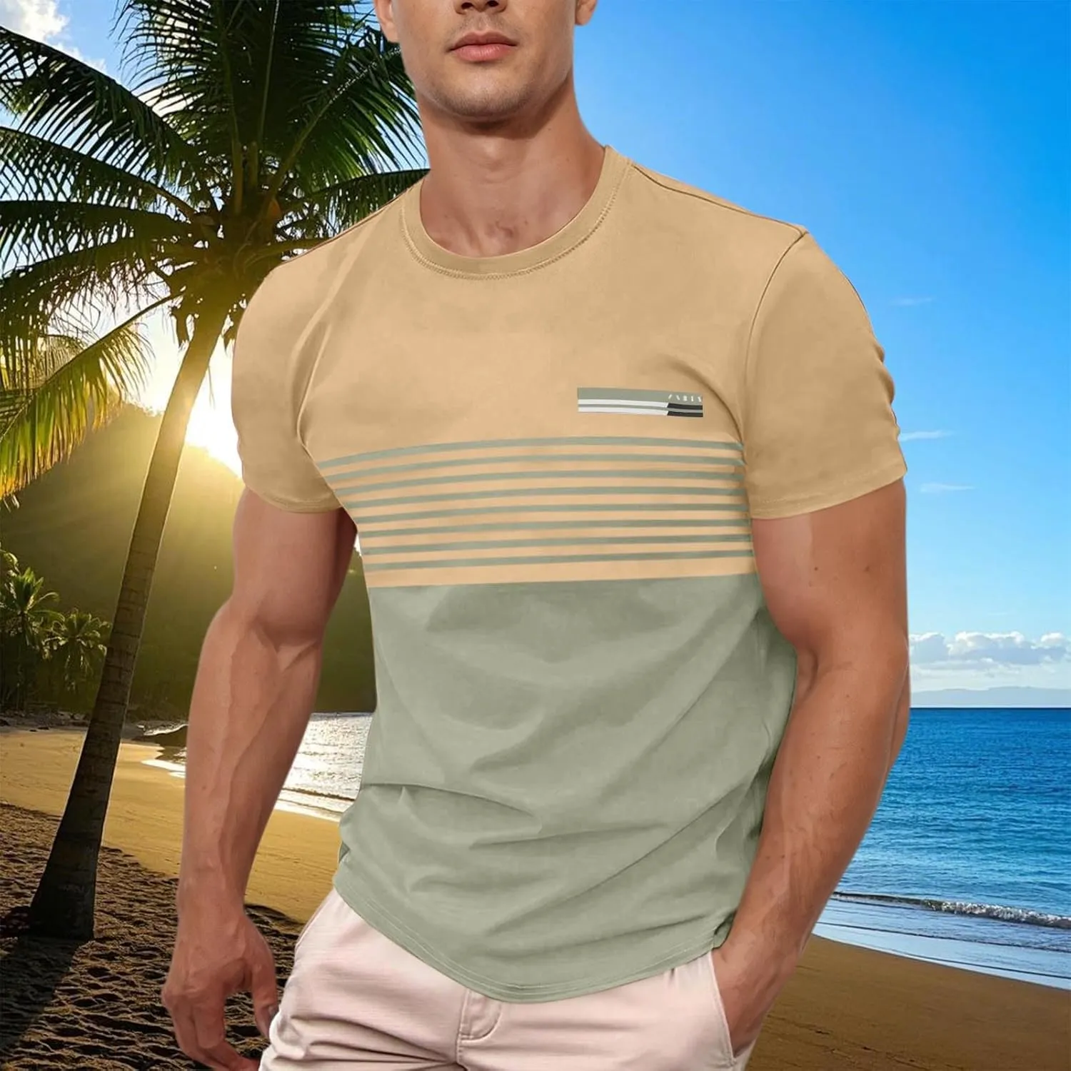 Men's Striped Printed Pullover Short Sleeve Summer T-Shirt Color Matching Shirts Business Casual Top for Men