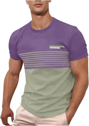 Men's Striped Printed Pullover Short Sleeve Summer T-Shirt Color Matching Shirts Business Casual Top for Men