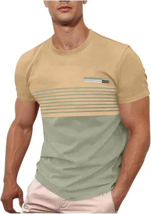 Men's Striped Printed Pullover Short Sleeve Summer T-Shirt Color Matching Shirts Business Casual Top for Men