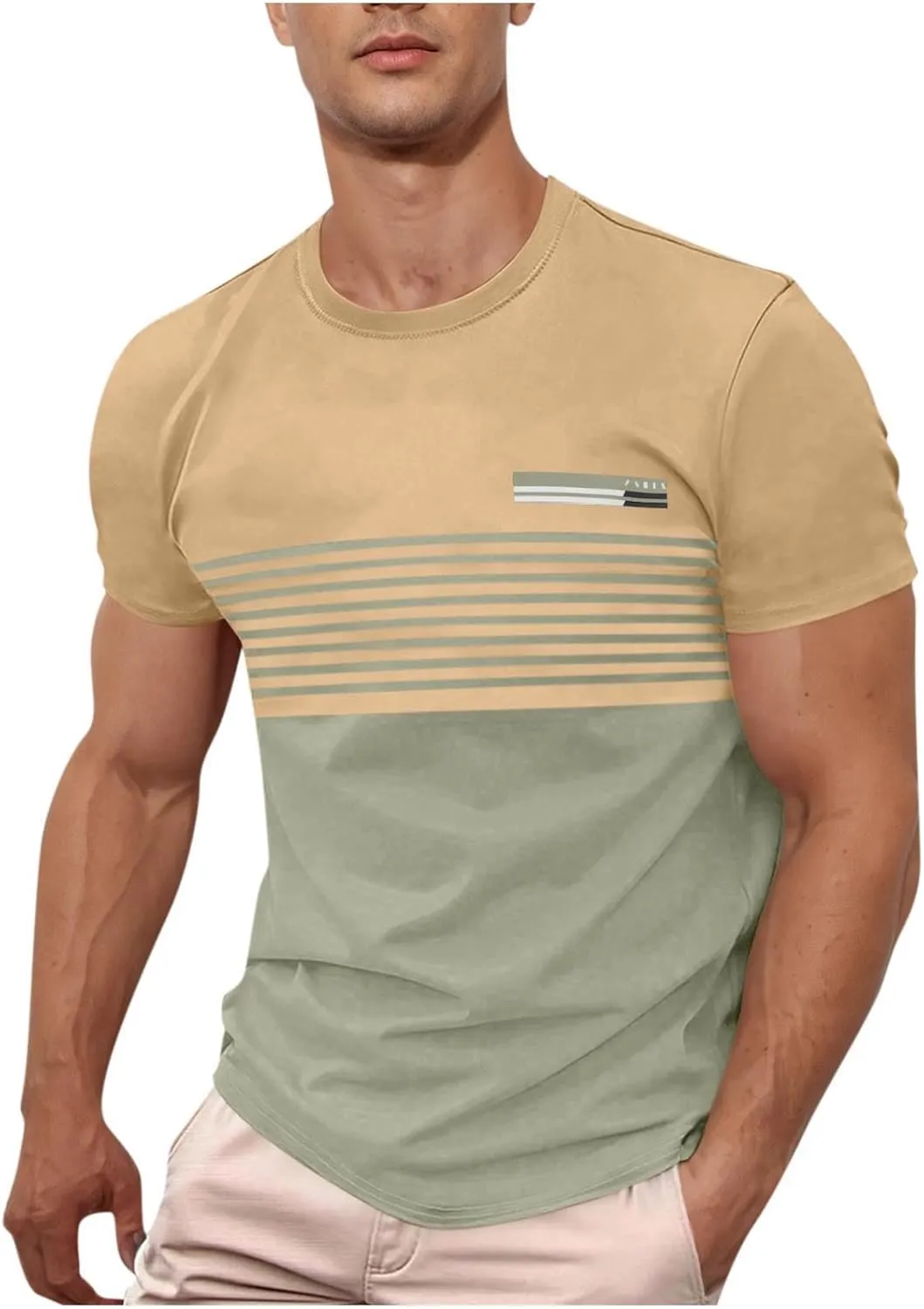 Men's Striped Printed Pullover Short Sleeve Summer T-Shirt Color Matching Shirts Business Casual Top for Men